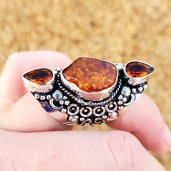 New Baltic Amber & Citrine 925 Silver Statement Ring. - Picture 10 of 13
